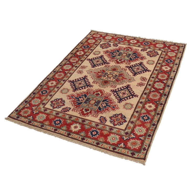 Ivory Afghan Kazak Rug 3' 5" x 4' 11" Hand-Knotted | No. AL52906