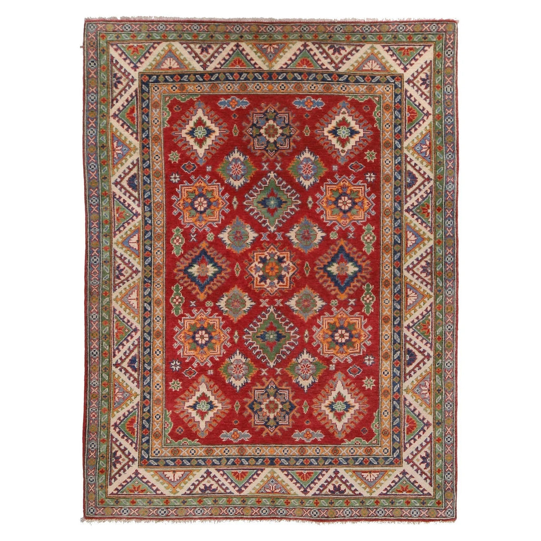 Red Afghan Kazak Rug 5' 0" x 7' 1" Hand-Knotted | No. AL52935