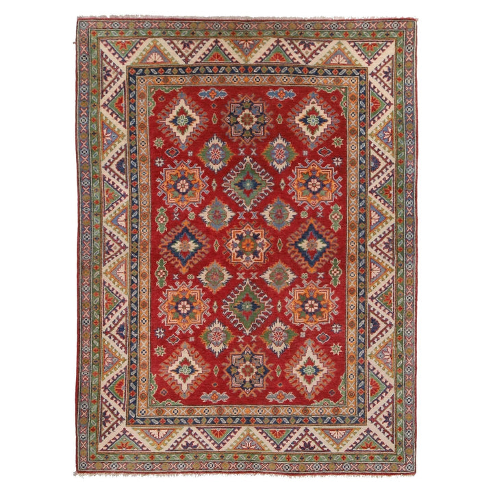 Red Afghan Kazak Rug 5' 0" x 7' 1" Hand-Knotted | No. AL52935
