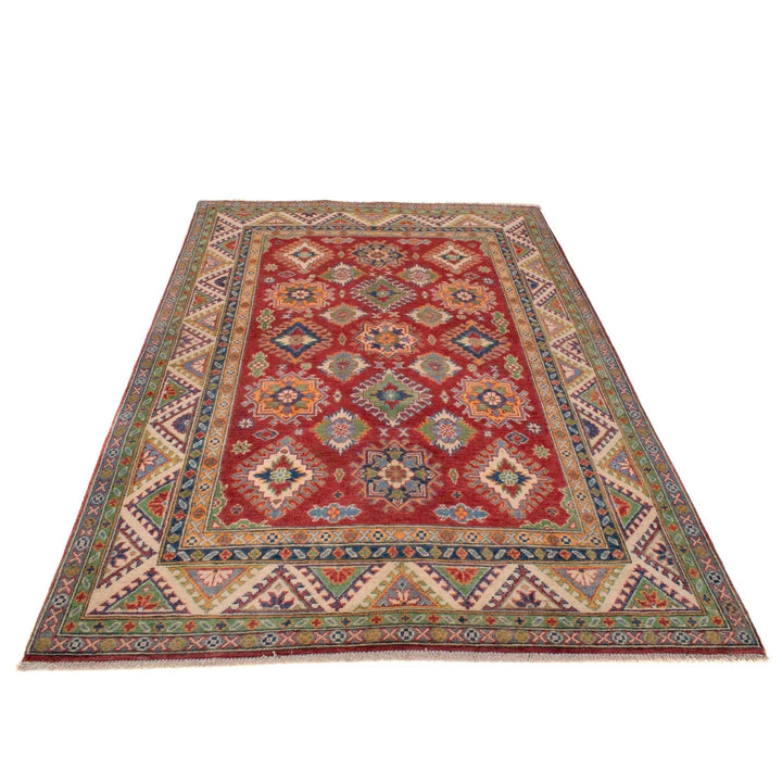 Red Afghan Kazak Rug 5' 0" x 7' 1" Hand-Knotted | No. AL52935
