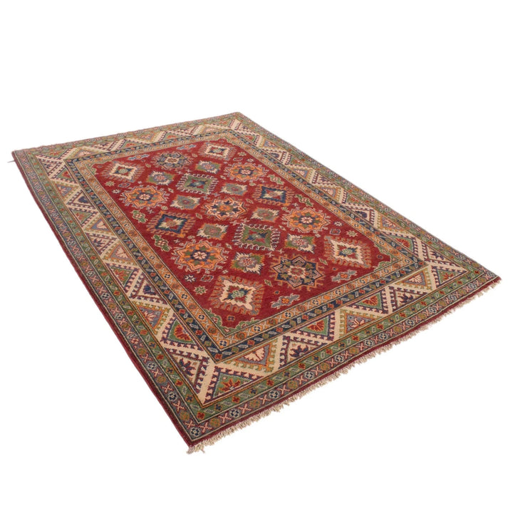 Red Afghan Kazak Rug 5' 0" x 7' 1" Hand-Knotted | No. AL52935