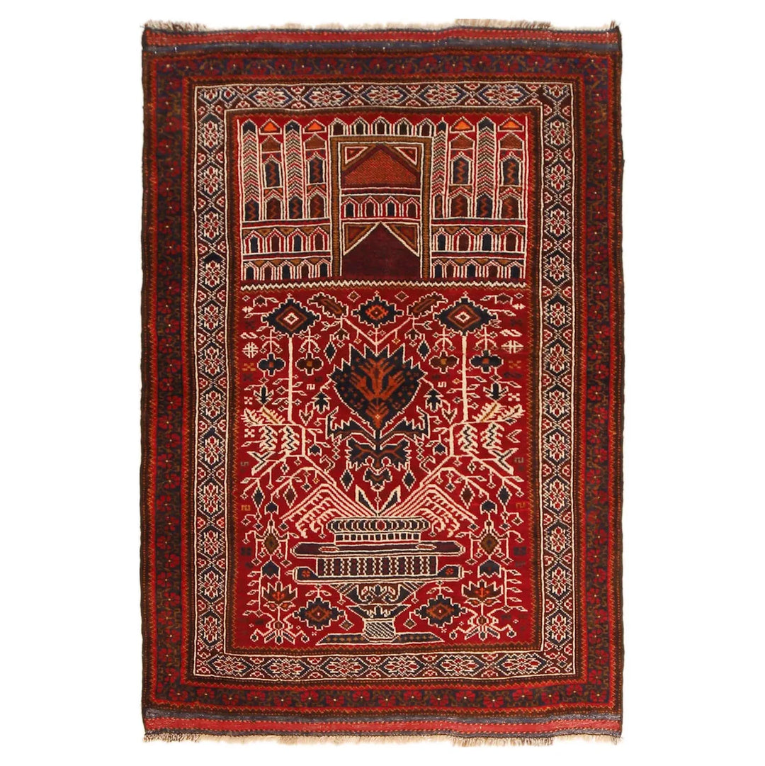 Red Afghan Prayer Rug 3' 4" x 4' 11" Hand-Knotted | No. AL52951