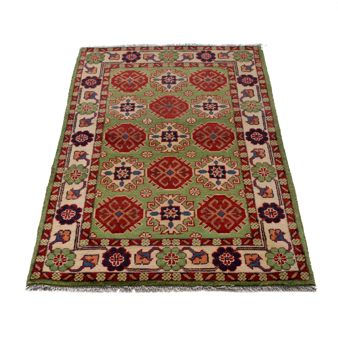 Green Afghan Kazak Rug 2' 8" x 4' 1" Hand-Knotted | No. AL52967