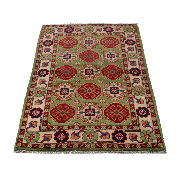 Green Afghan Kazak Rug 2' 8" x 4' 1" Hand-Knotted | No. AL52967