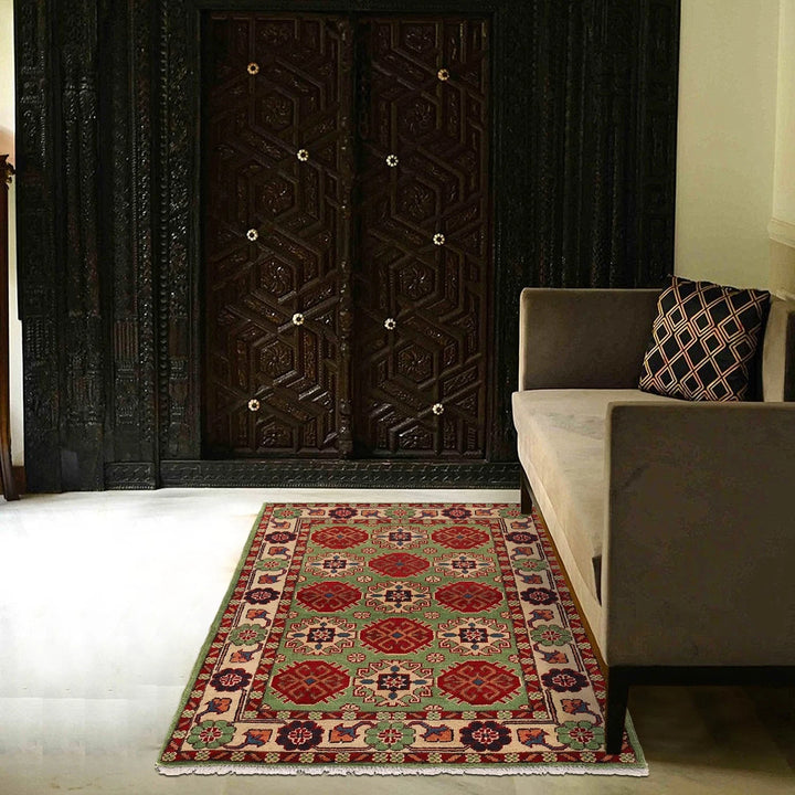 Green Afghan Kazak Rug 2' 8" x 4' 1" Hand-Knotted | No. AL52967