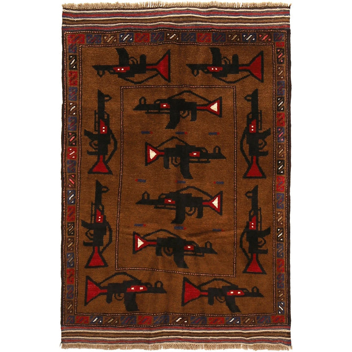 Brown Afghan War Rug 3' 3" x 4' 9" Hand-Knotted | No. AL52990