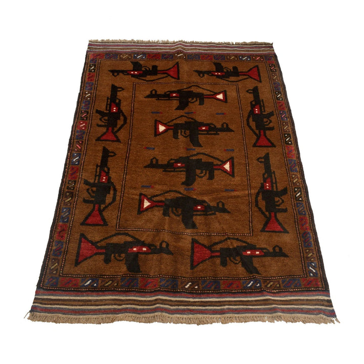 Brown Afghan War Rug 3' 3" x 4' 9" Hand-Knotted | No. AL52990