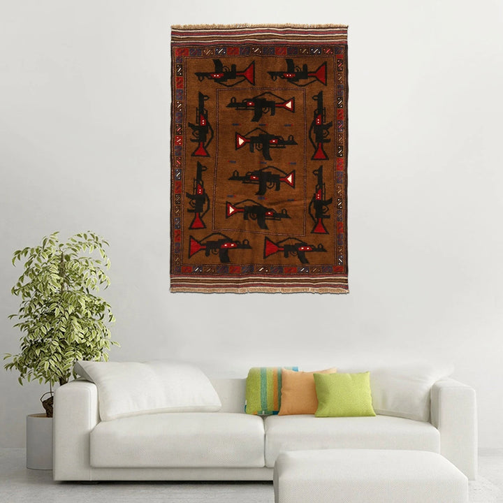 Brown Afghan War Rug 3' 3" x 4' 9" Hand-Knotted | No. AL52990