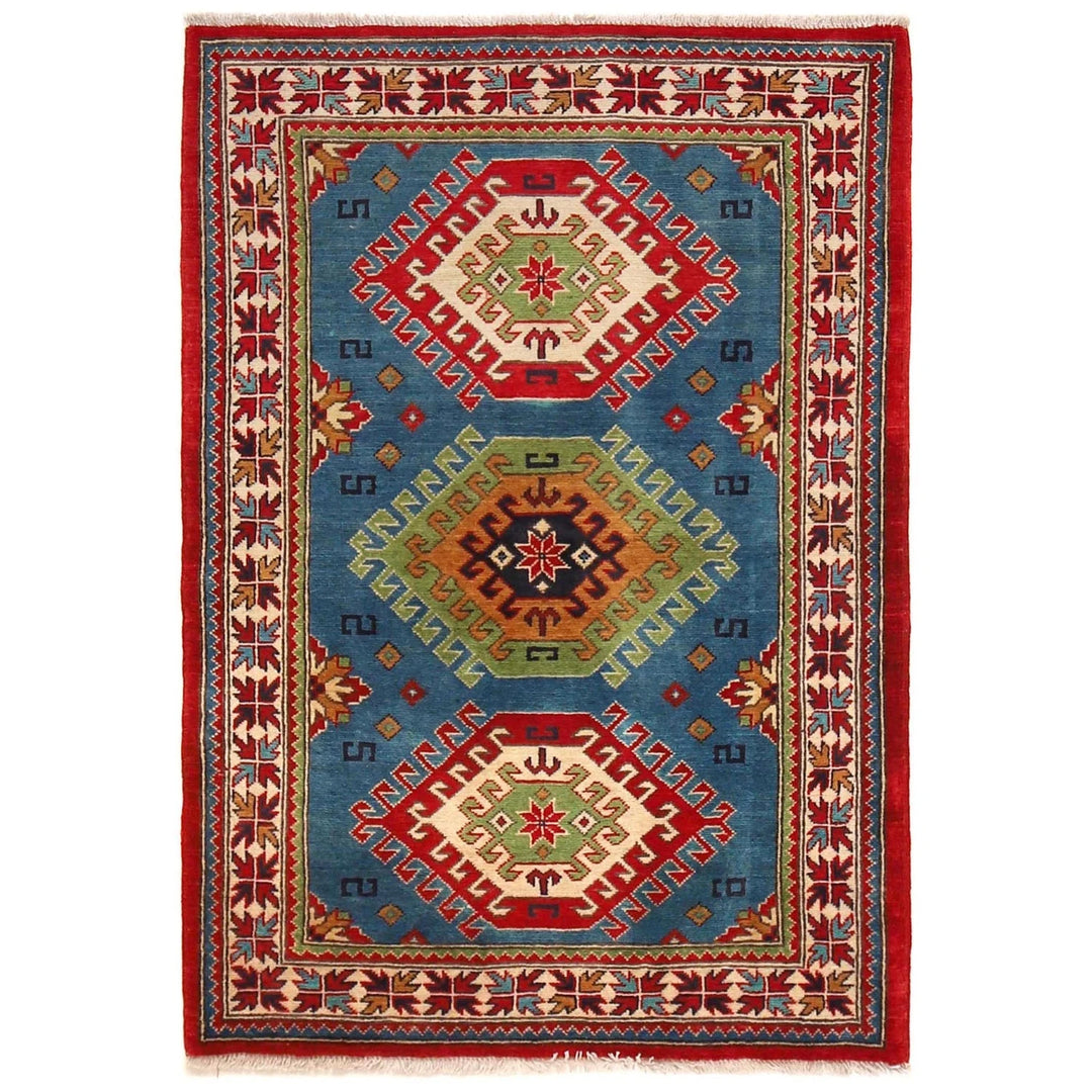 Blue Afghan Kazak Rug 3' 3" x 4' 7" Hand-Knotted | No. AL53074