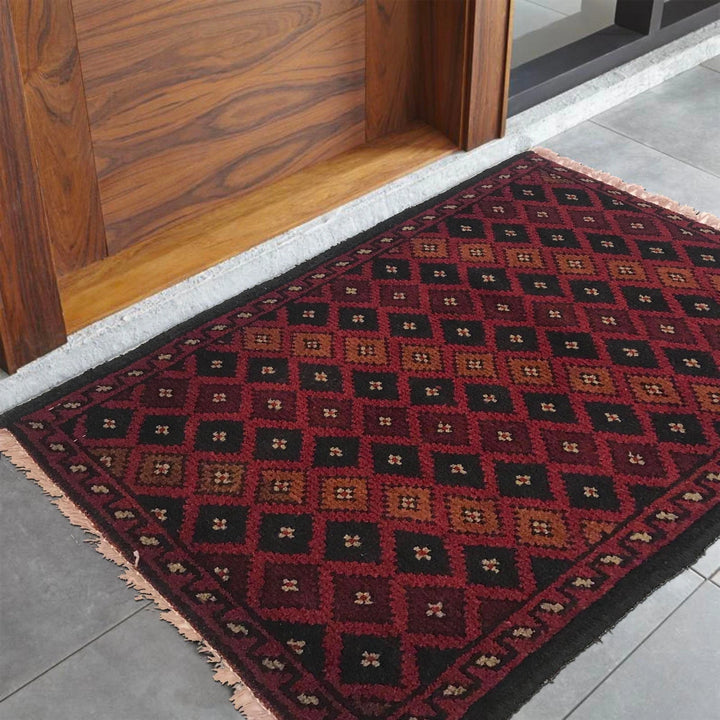 Red Afghan Oriental Doormat 1' 5" x 2' 0" Hand-Knotted | No. AL53142