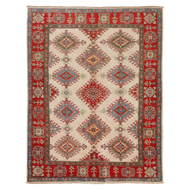 Ivory Afghan Kazak Rug 5'1" x 6'5" Hand-Knotted | No. AL53196