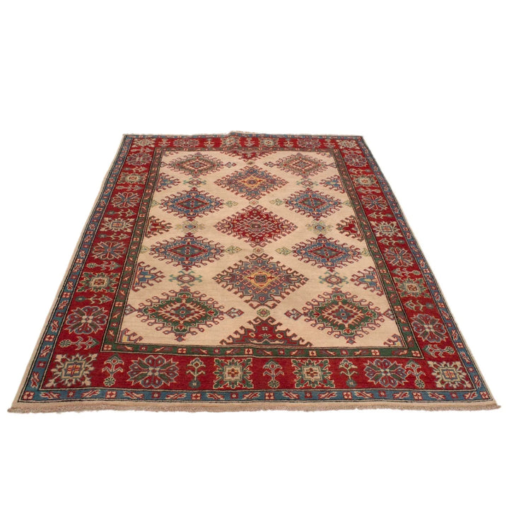 Ivory Afghan Kazak Rug 5'1" x 6'5" Hand-Knotted | No. AL53196