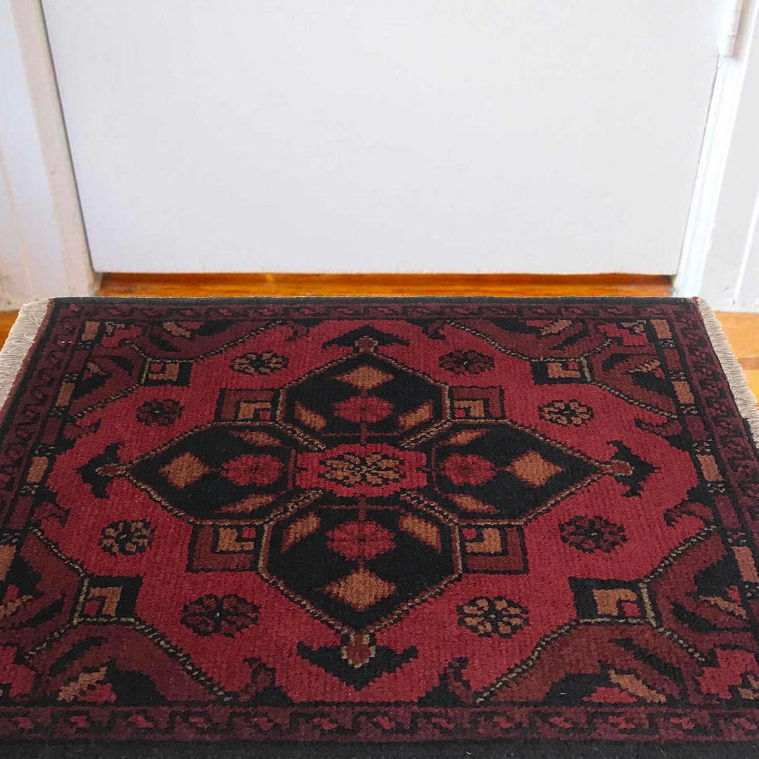 Red Afghan Oriental Doormat 1' 5" x 1' 11" Hand-Knotted | No. AL53261