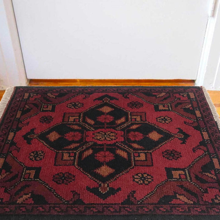Red Afghan Oriental Doormat 1' 5" x 1' 11" Hand-Knotted | No. AL53261
