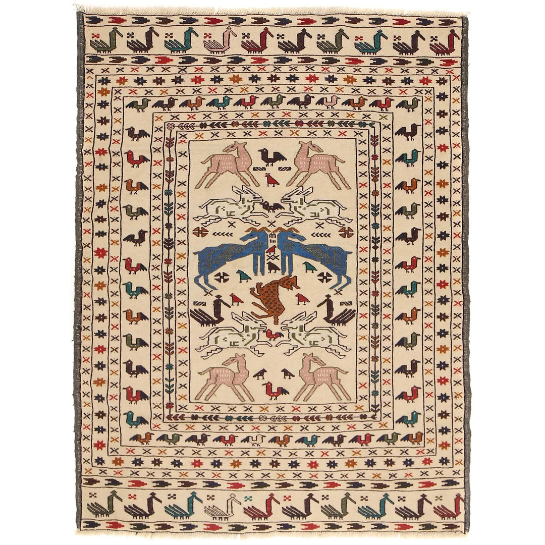 White Afghan Soumak Rug 4' 6" x 5' 12" Flat-Weave | No. AL53310