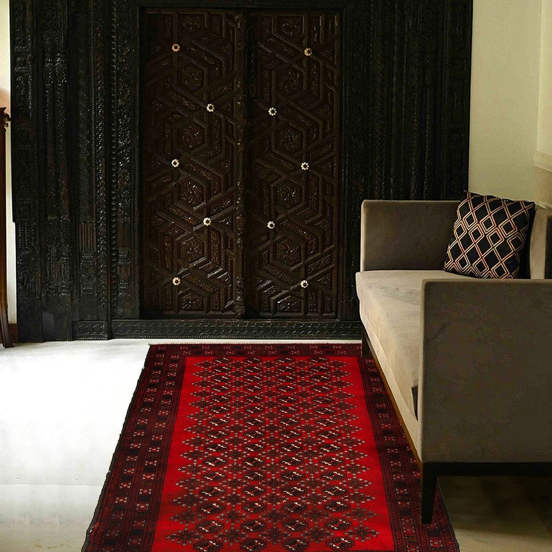 Red Afghan Baluchi Rug 3' 0" x 4' 6" Hand-Knotted | No. AL53330