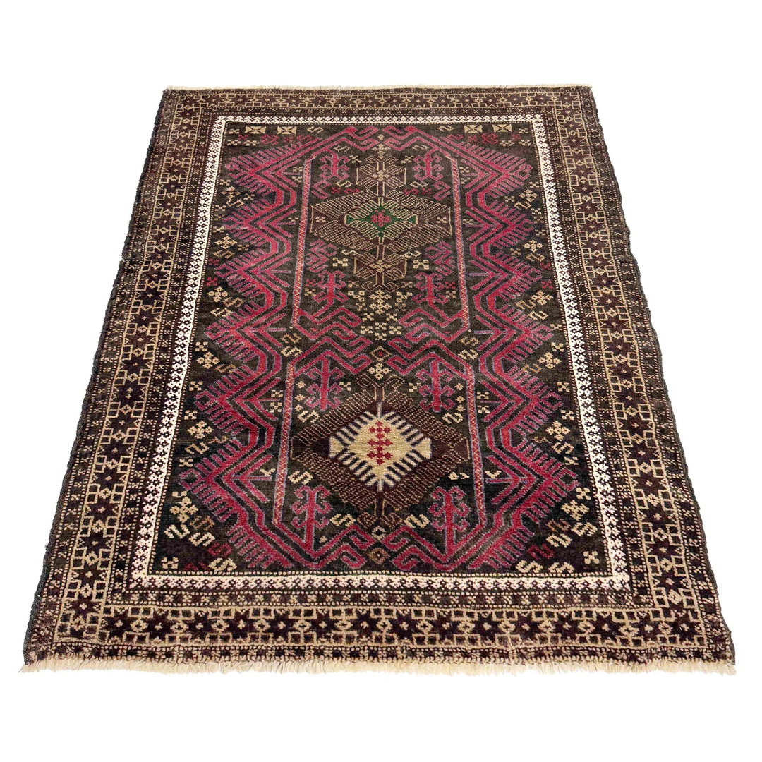Red Afghan Baluchi Rug 3' 1" x 4' 4" Hand-Knotted | No. AL53653