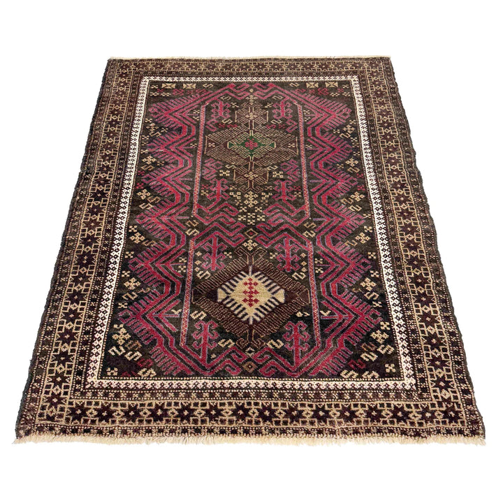 Red Afghan Baluchi Rug 3' 1" x 4' 4" Hand-Knotted | No. AL53653