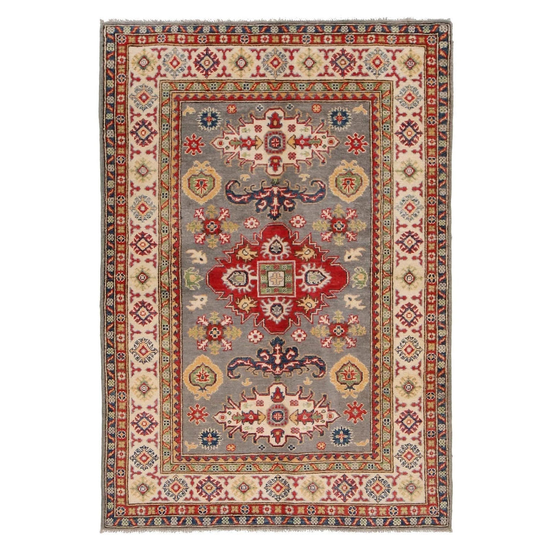Gray Afghan Kazak Rug 4' 3" x 5' 9" Hand-Knotted | No. AL53673