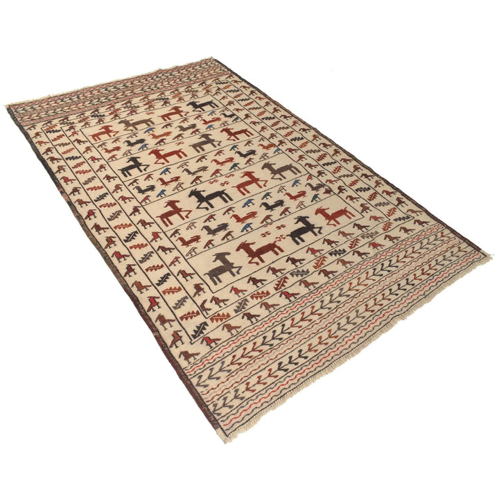 White Afghan Soumak Rug 4' 1" x 6' 6" Flat-Weave | No. AL53855