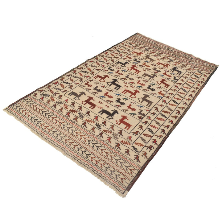 White Afghan Soumak Rug 4' 1" x 6' 6" Flat-Weave | No. AL53855
