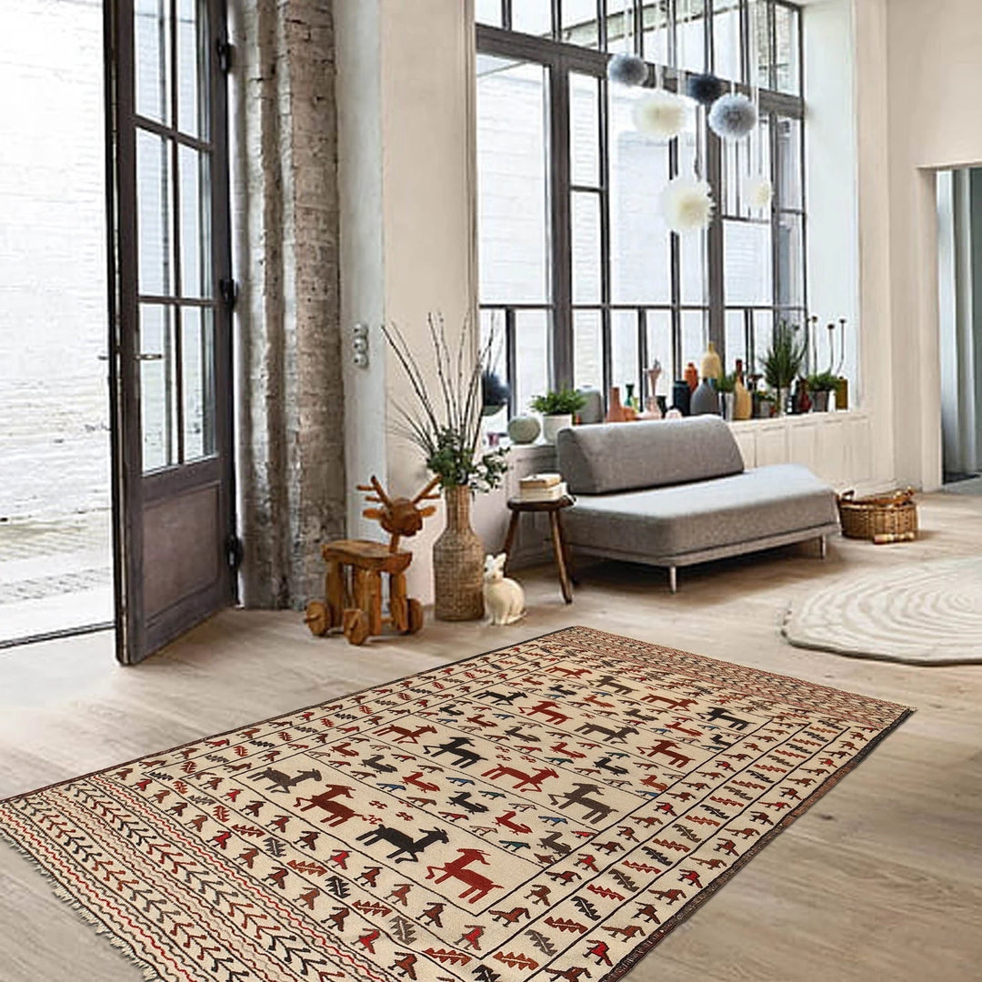 White Afghan Soumak Rug 4' 1" x 6' 6" Flat-Weave | No. AL53855