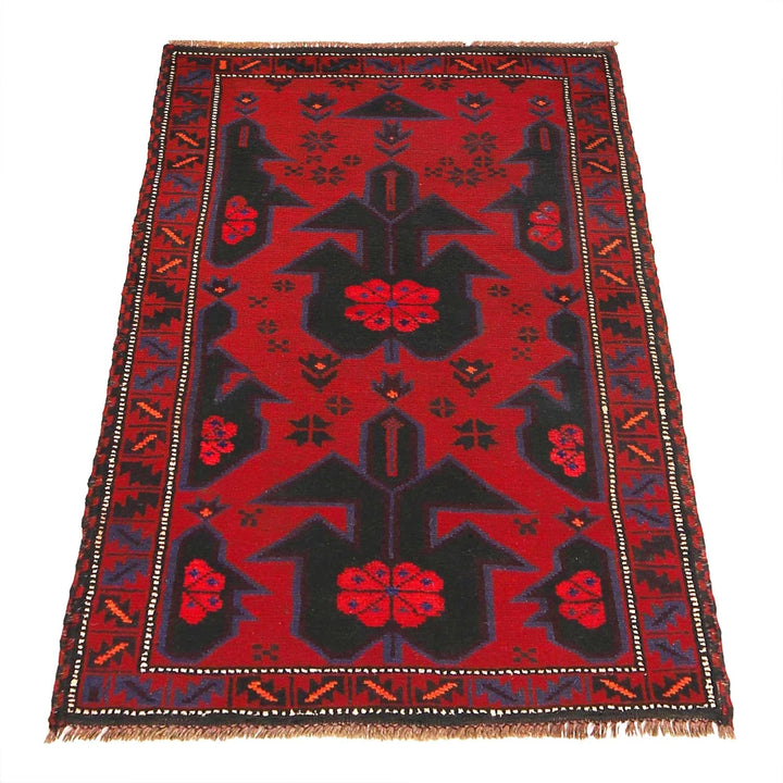 Red Afghan Baluchi Rug 2' 9" x 4' 7" Hand-Knotted | No. AL54029