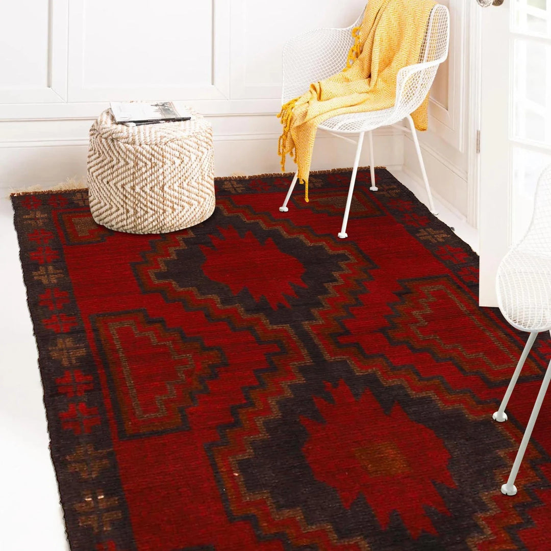 Red Afghan Baluchi Rug 2' 11" x 4' 3" Hand-Knotted | No. AL54133