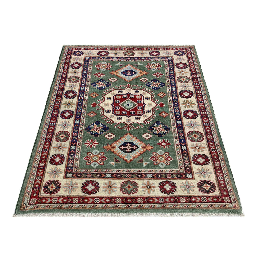 Green Afghan Kazak Rug 3' 2" x 4' 9" Hand-Knotted | No. AL542958