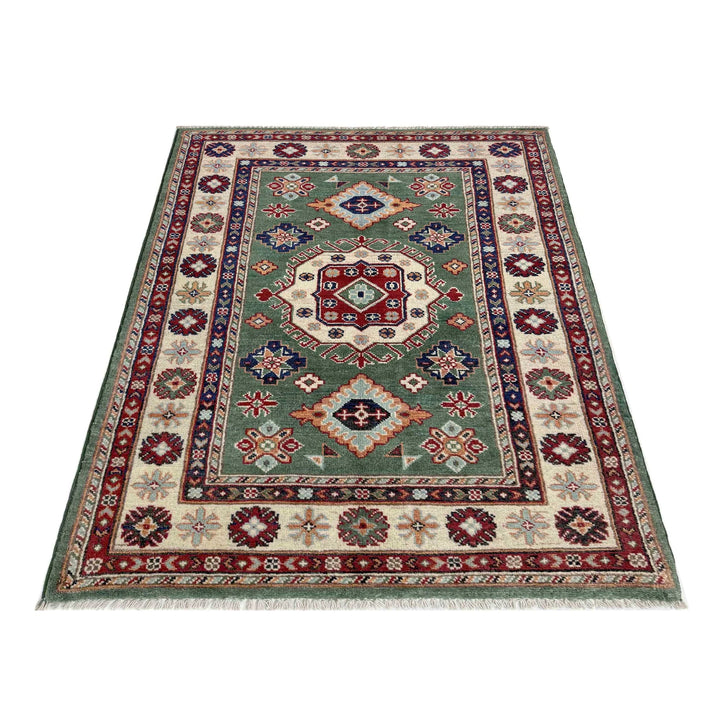 Green Afghan Kazak Rug 3' 2" x 4' 9" Hand-Knotted | No. AL542958