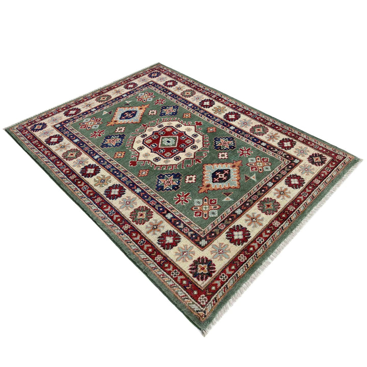 Green Afghan Kazak Rug 3' 2" x 4' 9" Hand-Knotted | No. AL542958