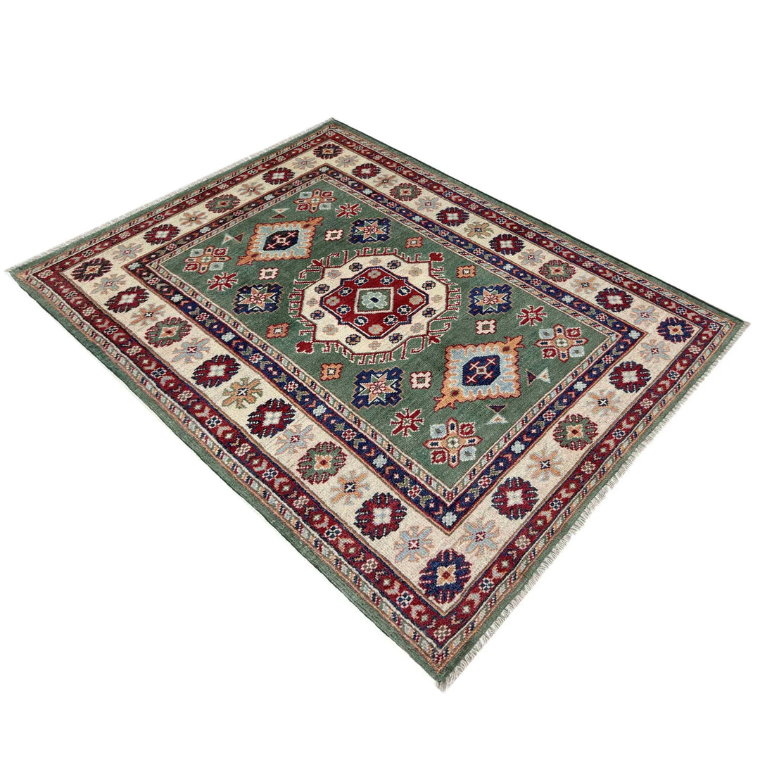 Green Afghan Kazak Rug 3' 2" x 4' 9" Hand-Knotted | No. AL542958