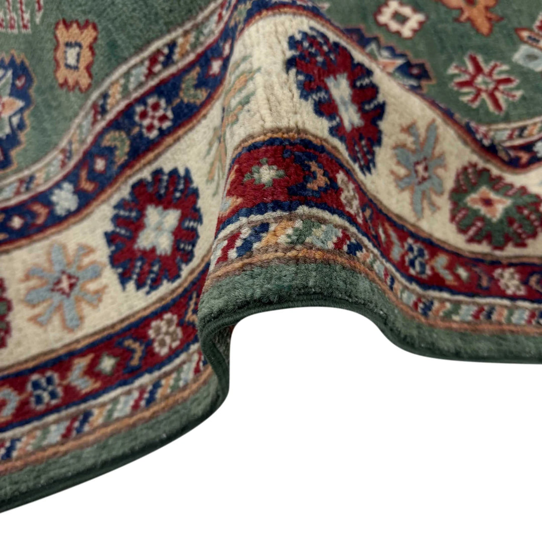 Green Afghan Kazak Rug 3' 2" x 4' 9" Hand-Knotted | No. AL542958