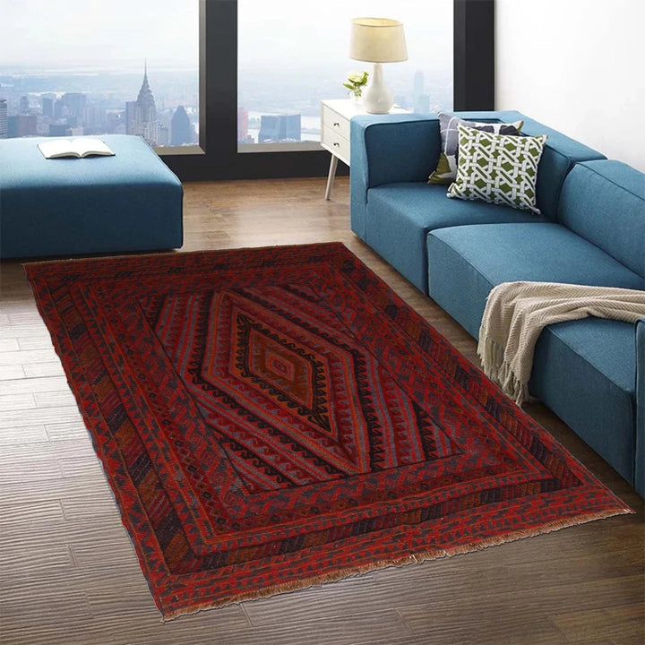 Red Afghan Mashwani Rug 4' 11" x 6' 1" Hand-Knotted | No. AL54402