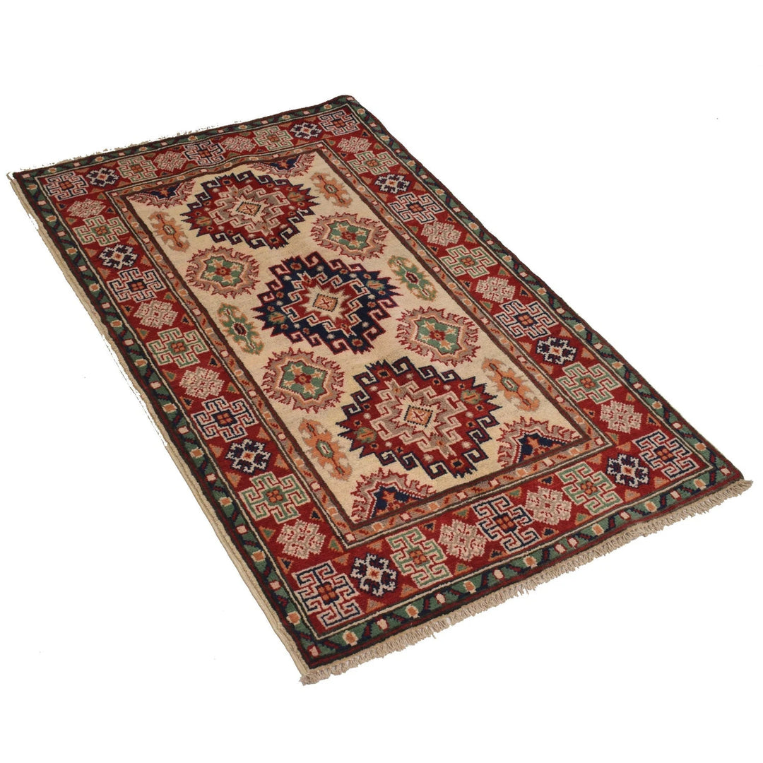 Ivory Afghan Kazak Rug 2'7" x 4'2" Hand-Knotted | No. AL54527