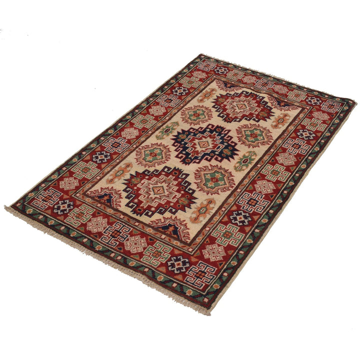 Ivory Afghan Kazak Rug 2'7" x 4'2" Hand-Knotted | No. AL54527