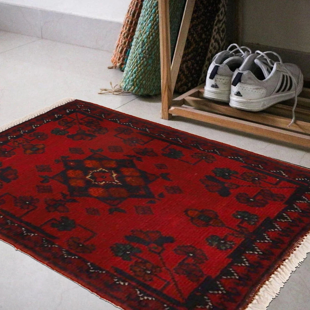 Red Afghan Oriental Doormat 1' 5" x 2' 0" Hand-Knotted | No. AL54600