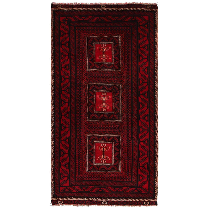 Red Afghan Baluchi Rug 3' 9" x 7' 3" Hand-Knotted | No. AL54673