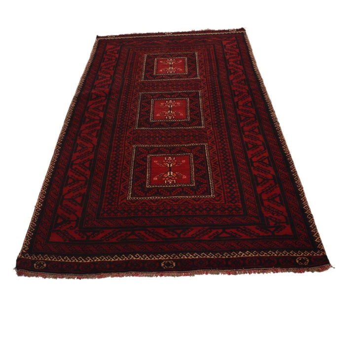 Red Afghan Baluchi Rug 3' 9" x 7' 3" Hand-Knotted | No. AL54673