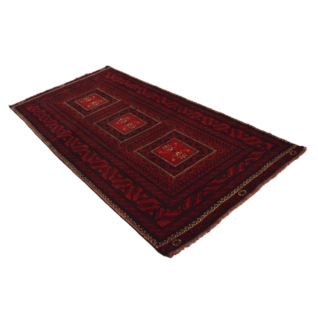 Red Afghan Baluchi Rug 3' 9" x 7' 3" Hand-Knotted | No. AL54673