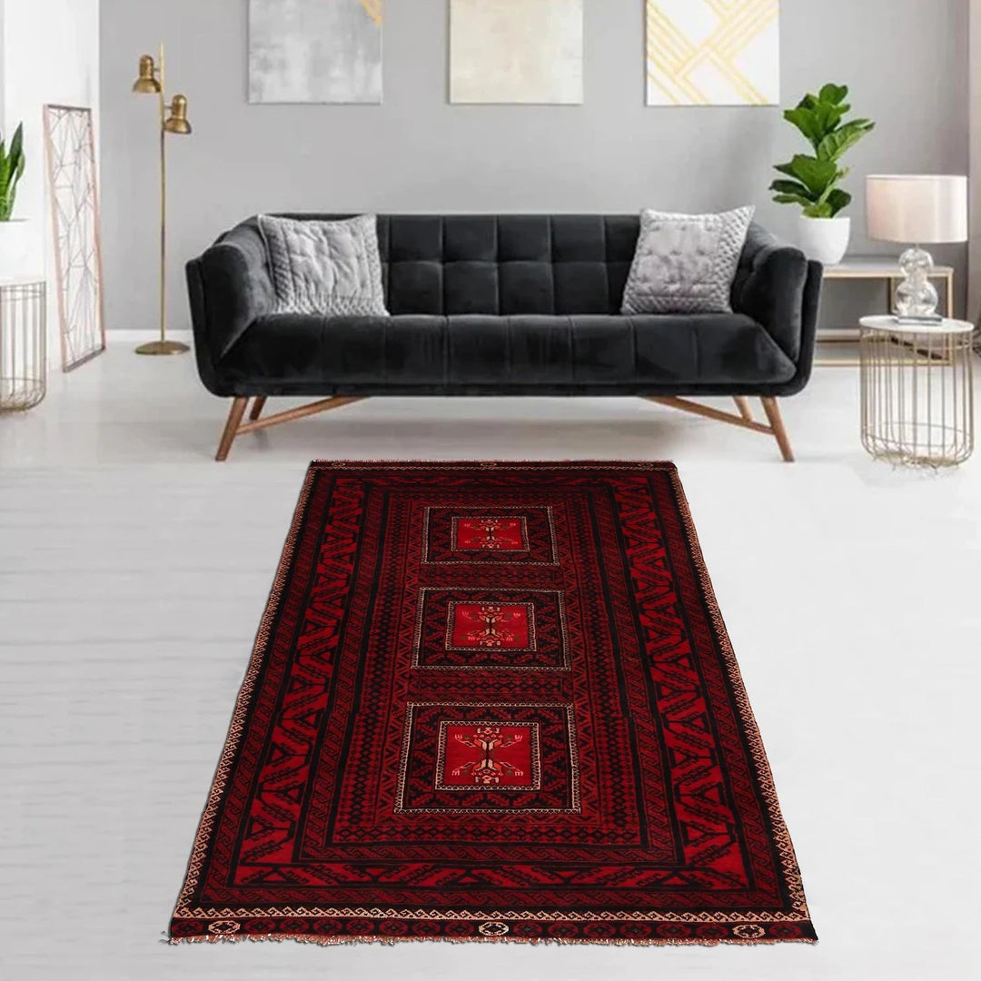 Red Afghan Baluchi Rug 3' 9" x 7' 3" Hand-Knotted | No. AL54673