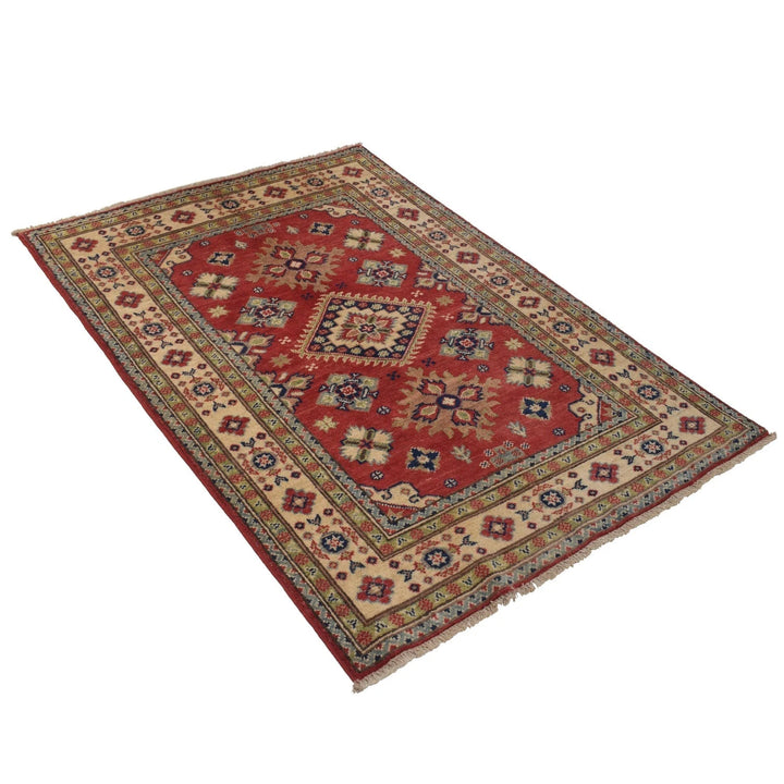 Red Afghan Kazak Rug 3' 5" x 4' 11" Hand-Knotted | No. AL54923