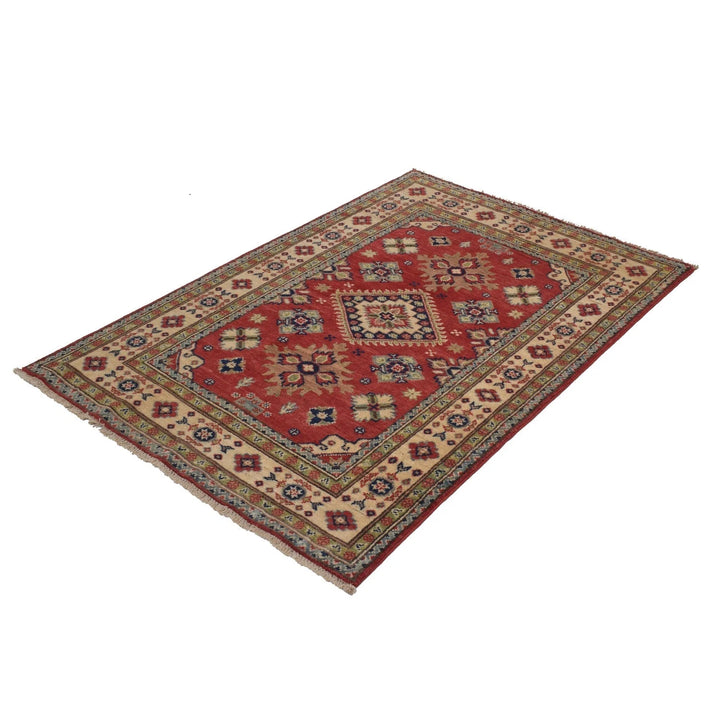 Red Afghan Kazak Rug 3' 5" x 4' 11" Hand-Knotted | No. AL54923