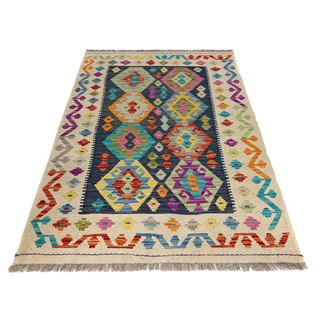 Multicolor Afghan Kilim Rug 3' 3" x 4' 11" Flat-Weave detail