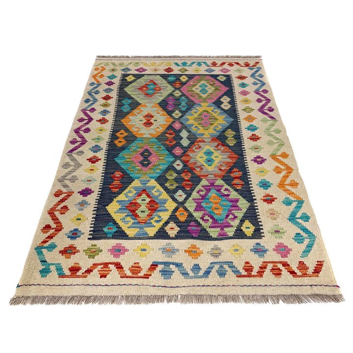 Multicolor Afghan Kilim Rug 3' 3" x 4' 11" Flat-Weave detail