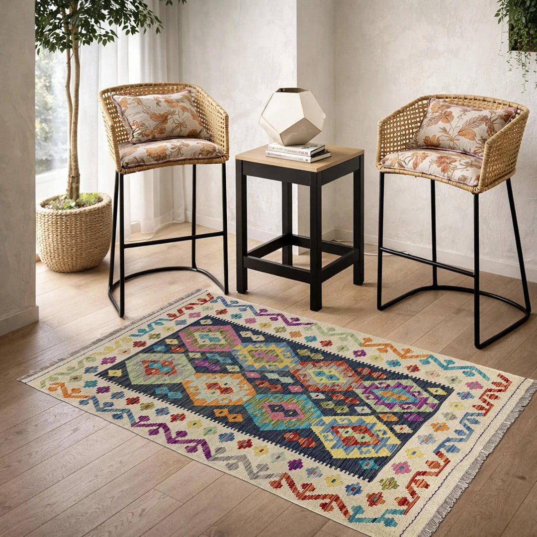 Multicolor Afghan Kilim Rug 3' 3" x 4' 11" Flat-Weave reverse