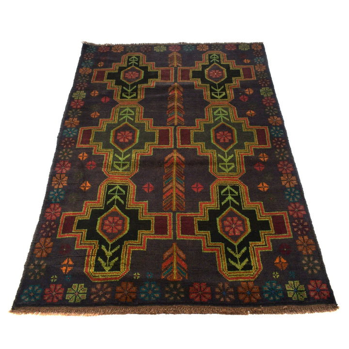 Black Afghan Baluchi Rug 4' 1" x 6' 3" Hand-Knotted | No. AL55098