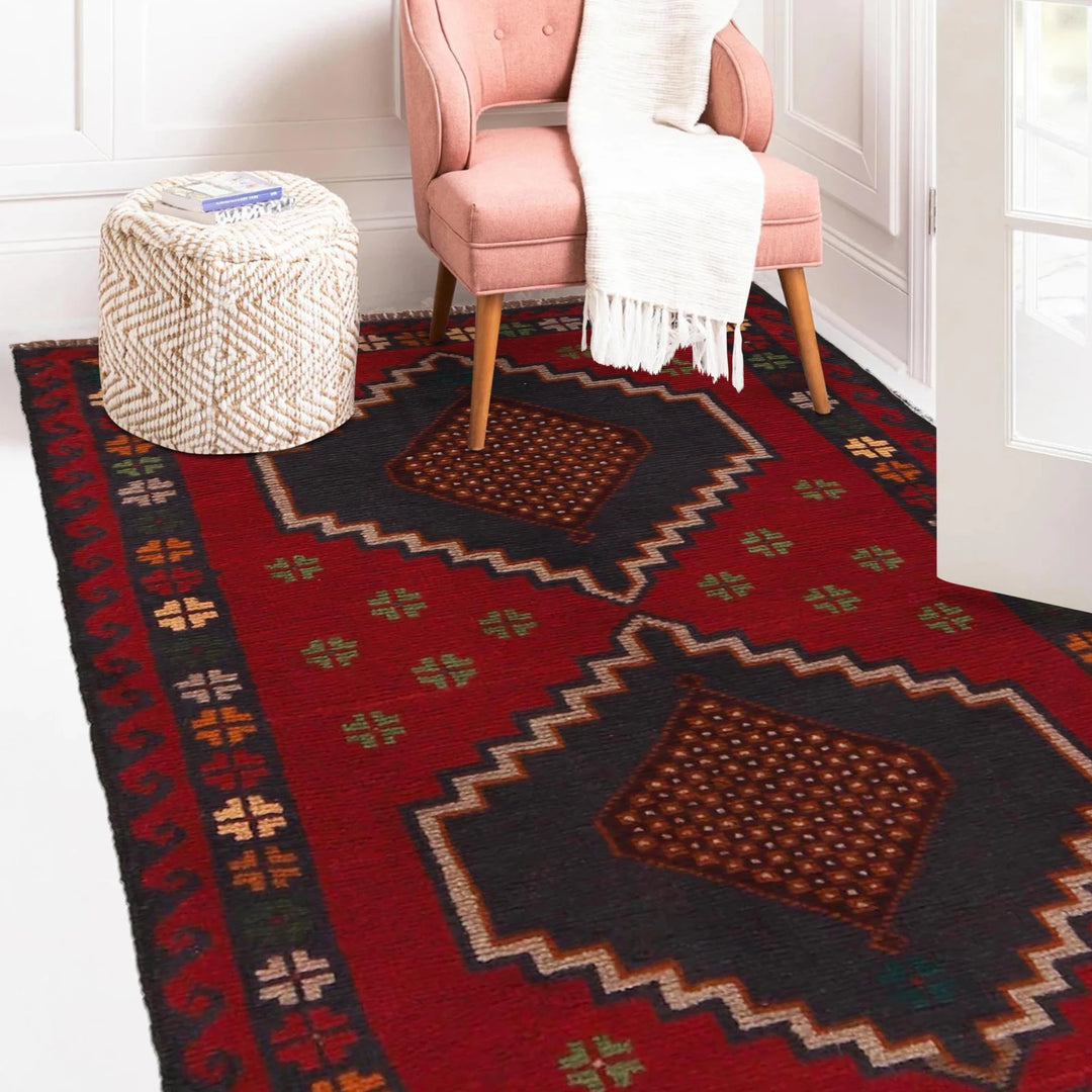 Red Afghan Baluchi Rug 2' 11" x 4' 8" Hand-Knotted | No. AL55297