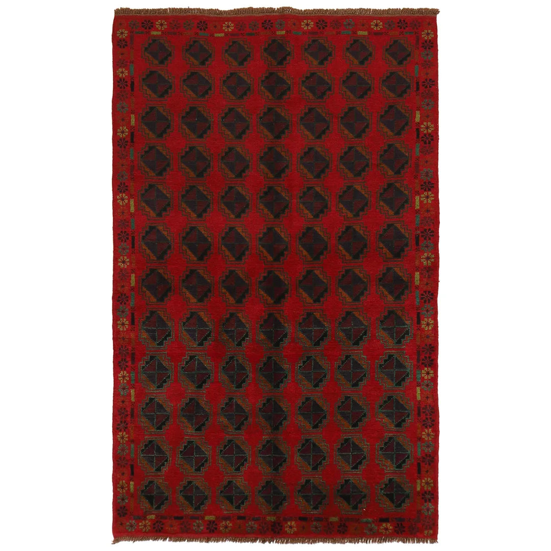 Red Afghan Baluchi Rug 4' 0" x 6' 7" Hand-Knotted | No. AL55334
