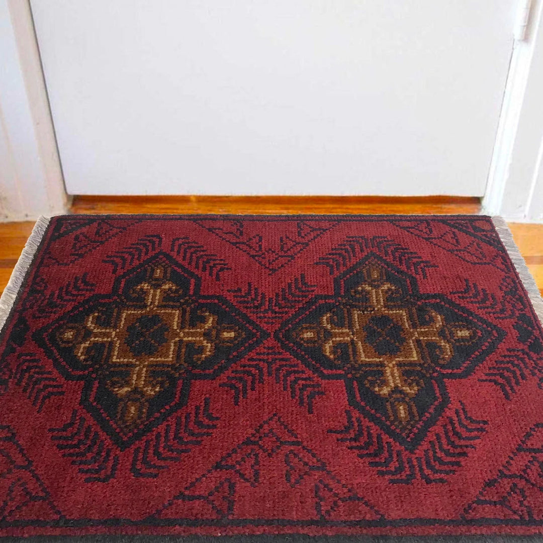 Red Afghan Oriental Doormat 1' 5" x 2' 0" Hand-Knotted | No. AL55474
